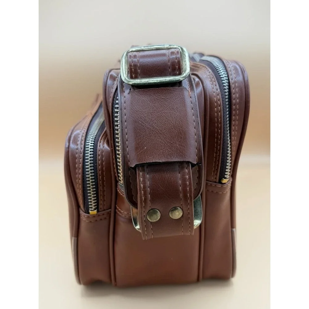 Vintage Brown Camera Shoulder Bag YKK Zippers Faux Leather Adjustable Strap